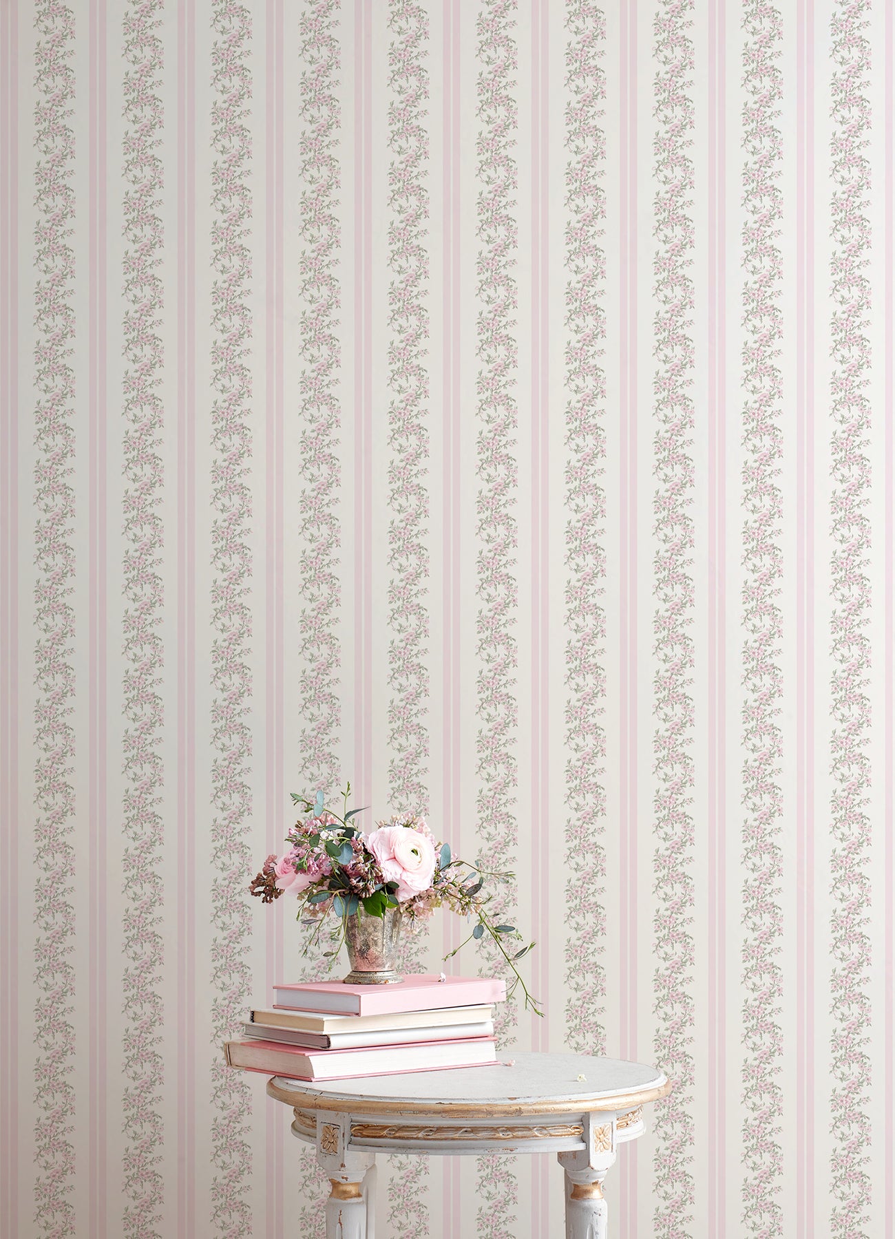 Marigold Wreath Pastel Peach Floral Stripe Wallpaper - Brewster Wallcovering