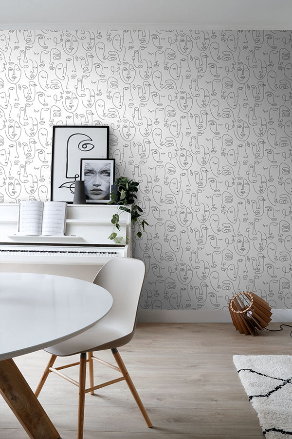 Sharona White Line Art Faces Wallpaper - Brewster Wallcovering