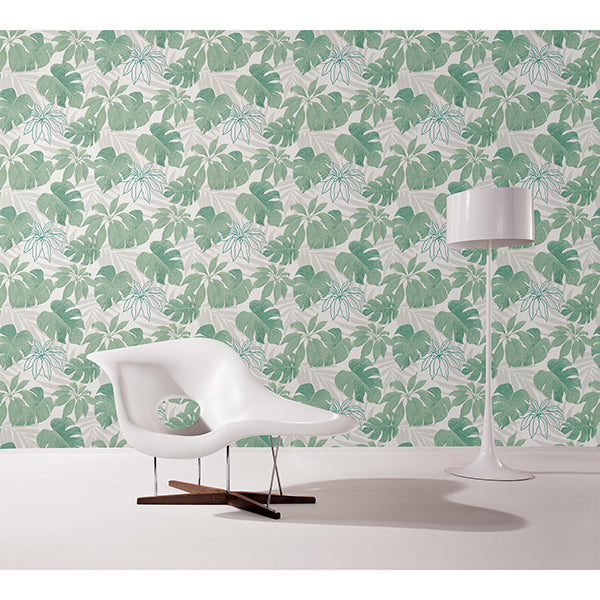 Nona Green Tropical Leaves Wallpaper - Brewster Wallcovering