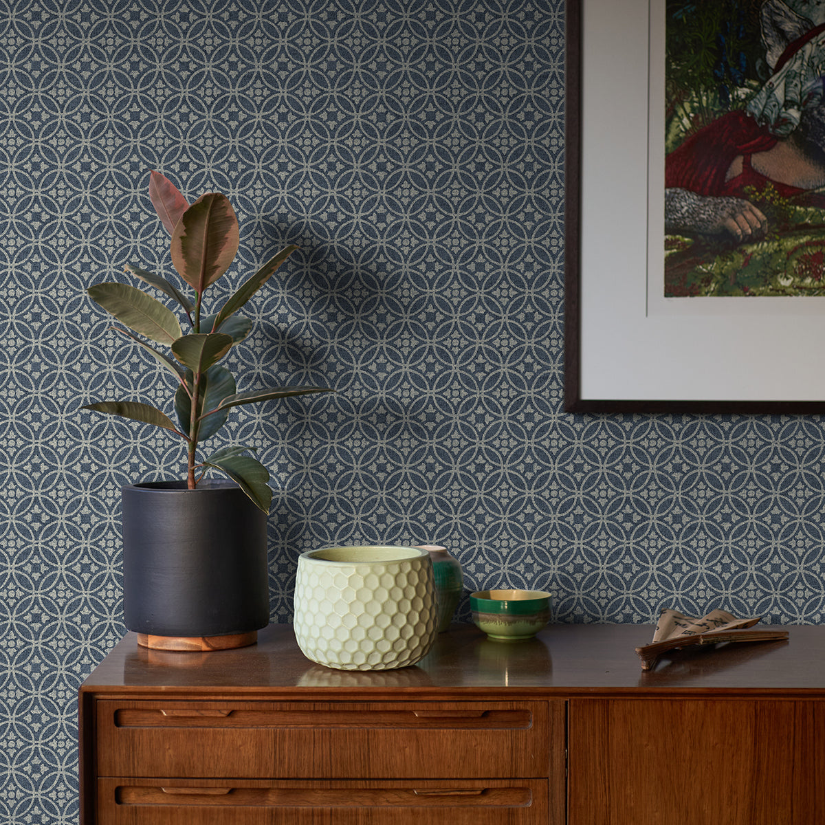 Larsson Indigo Ogee Wallpaper - Brewster Wallcovering