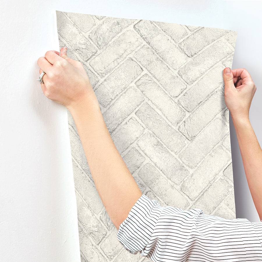 Canelle White Brick Herringbone Wallpaper - Brewster Wallcovering