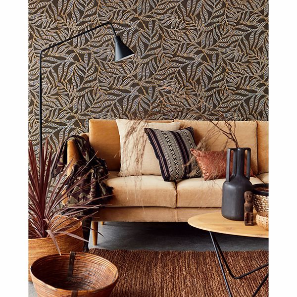 Montrose Brown Leaves Wallpaper - Brewster Wallcovering