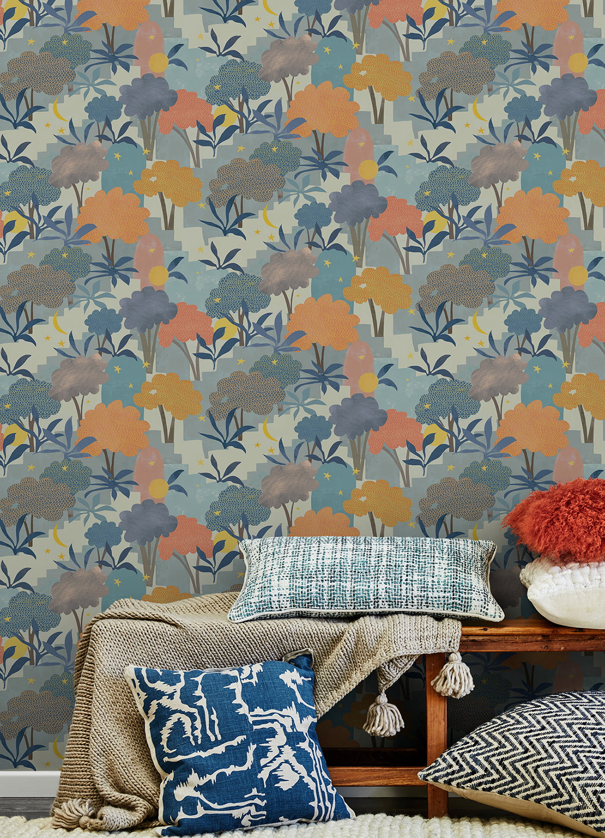 Blue Bohemian Walk Tree Peel and Stick Wallpaper - Brewster Wallcovering