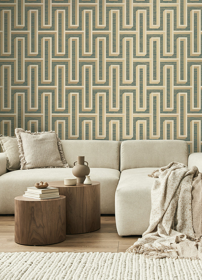 Henley Teal Geometric Grasscloth Wallpaper - Brewster Wallcovering