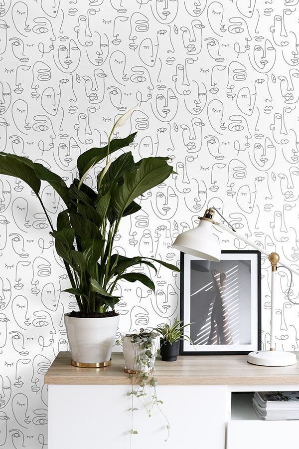 Sharona White Line Art Faces Wallpaper - Brewster Wallcovering