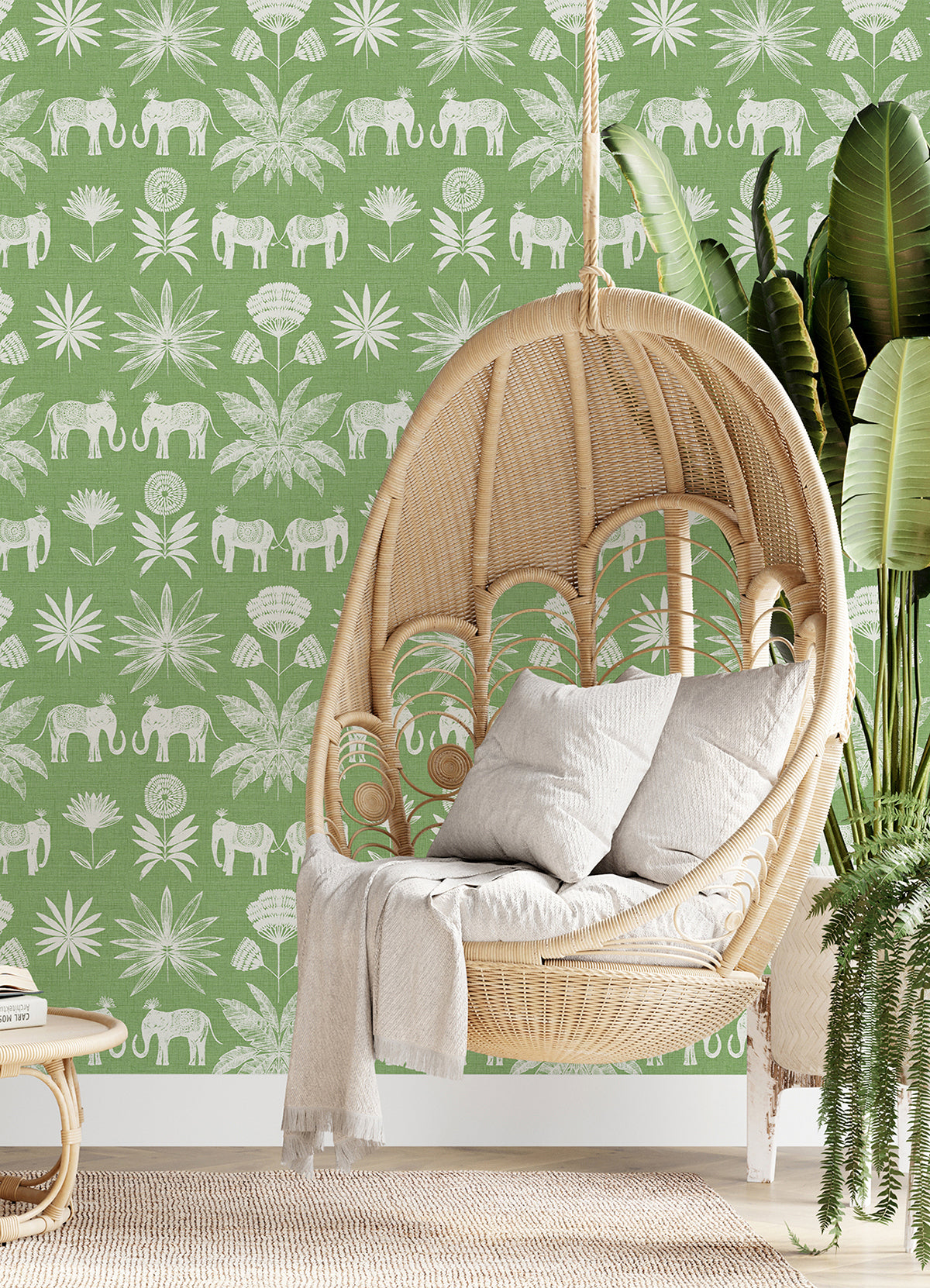 Bazaar Green Elephant Oasis Wallpaper - Brewster Wallcovering