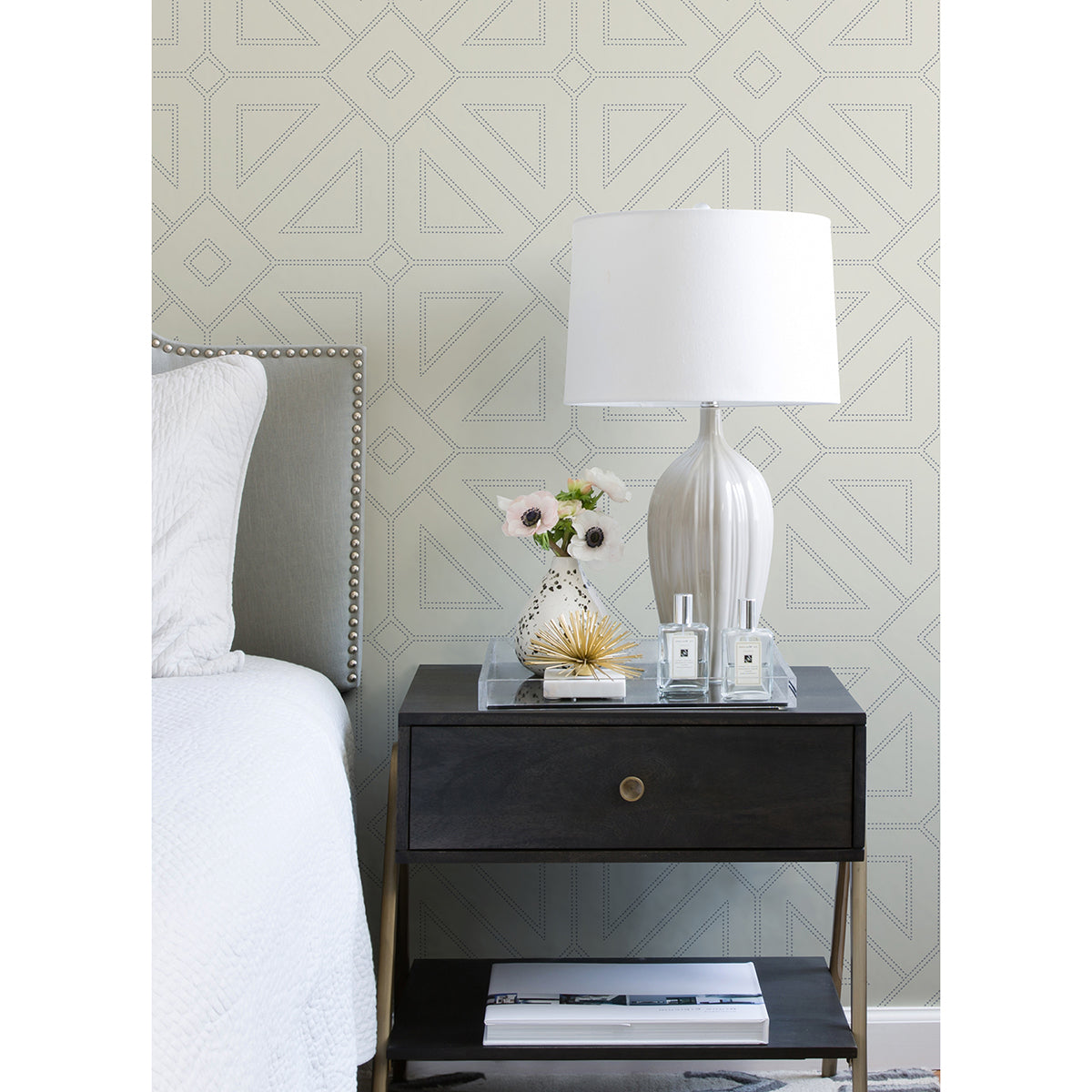 Voltaire Grey Beaded Geometric Wallpaper - Brewster Wallcovering