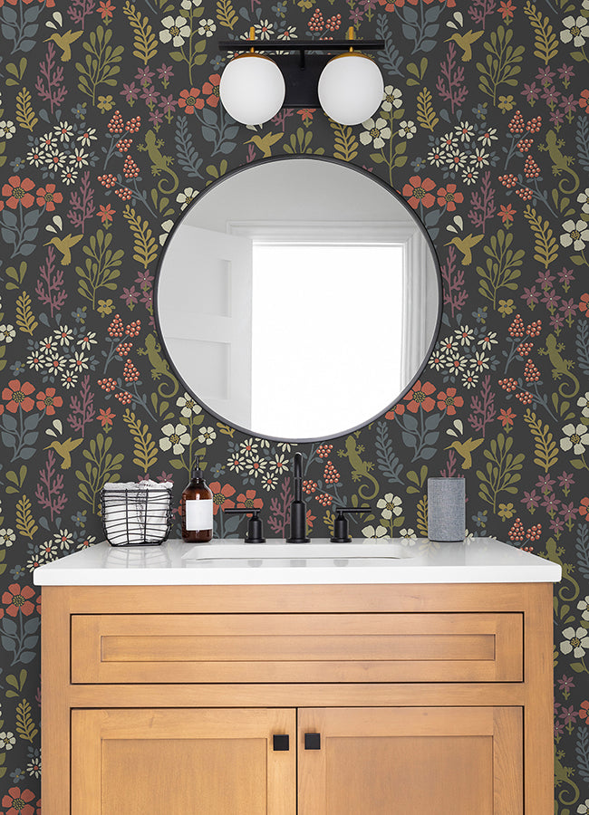 Karina Charcoal Meadow Wallpaper - Brewster Wallcovering