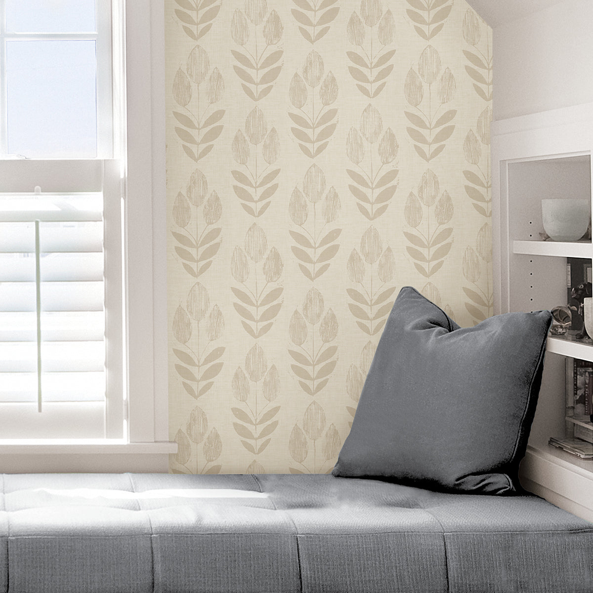 Cream Folk Tulip Peel and Stick Wallpaper - Brewster Wallcovering