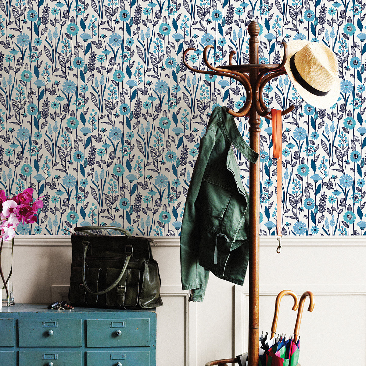 Blue Jane Peel and Stick Wallpaper - Brewster Wallcovering