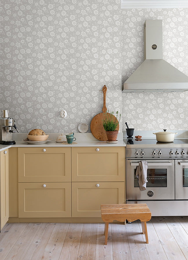 Lizette Grey Charming Floral Wallpaper - Brewster Wallcovering