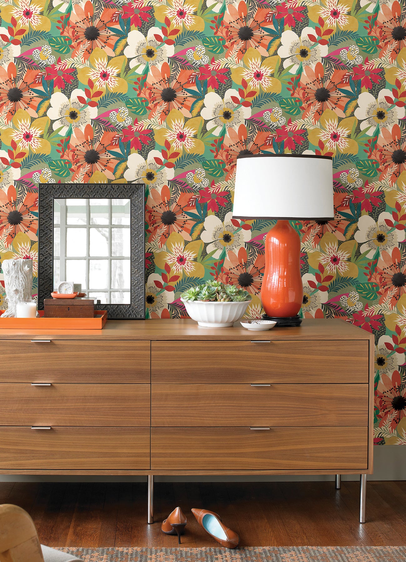 Janis Olive Floral Riot Wallpaper - Brewster Wallcovering