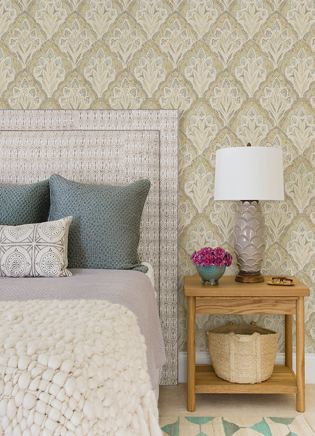 Mimir Mustard Quilted Damask Wallpaper - Brewster Wallcovering