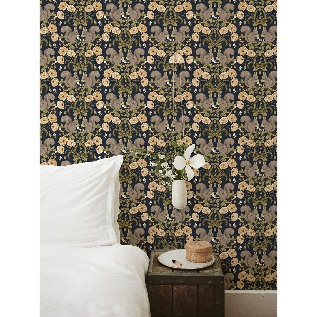 Kurre Dark Blue Woodland Damask Wallpaper - Brewster Wallcovering