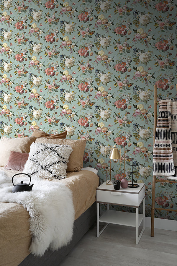 Antonia Aqua Vintage Bouquet Wallpaper - Brewster Wallcovering