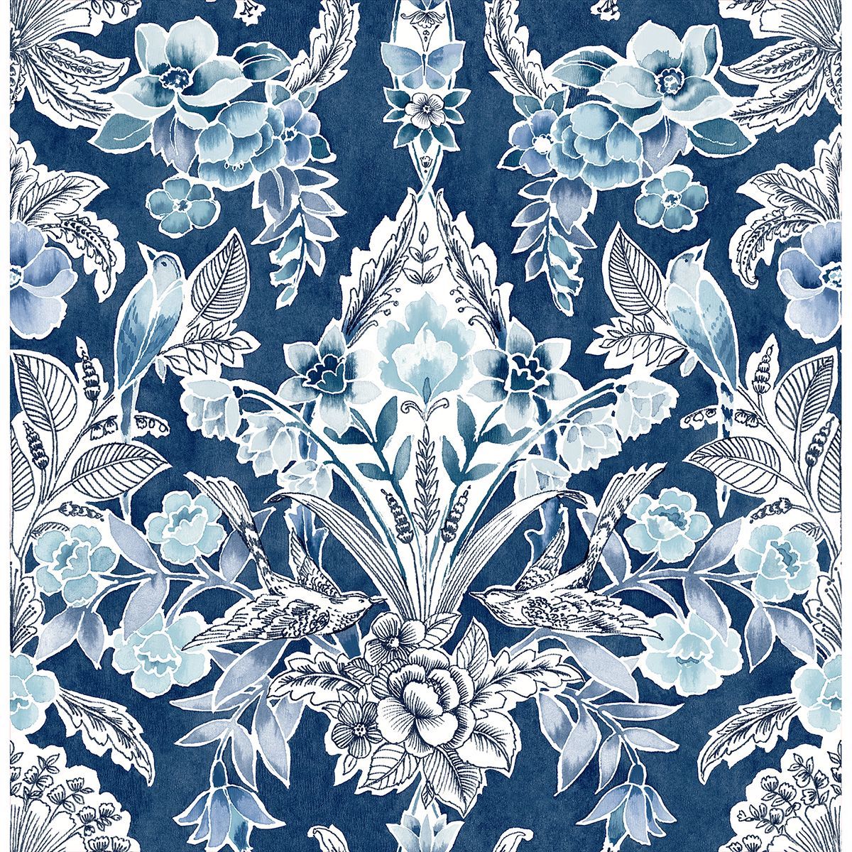 Picture of Vera Blue Floral Damask Wallpaper