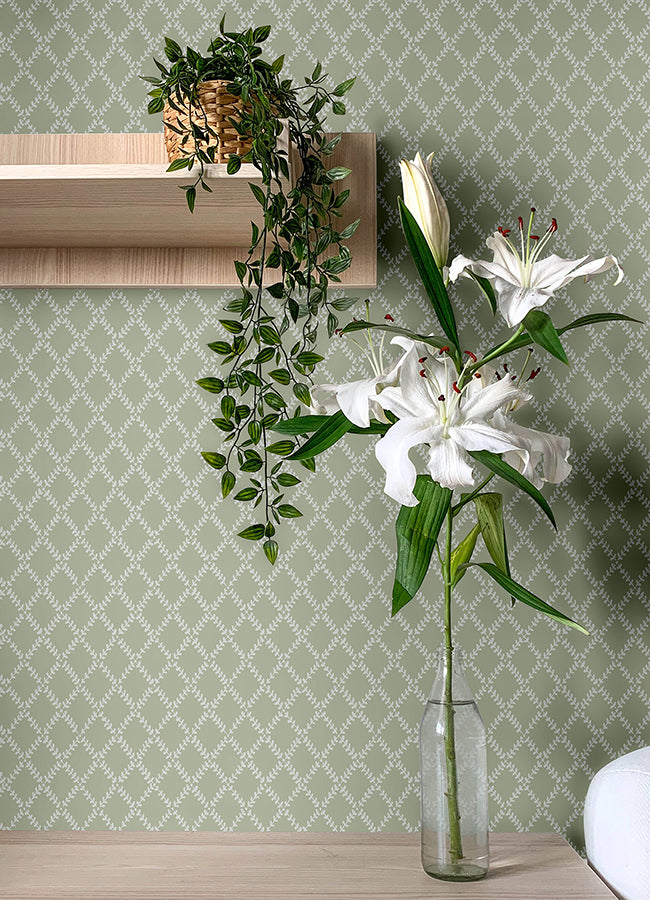 Trevor Moss Leaf Trellis Wallpaper - Brewster Wallcovering