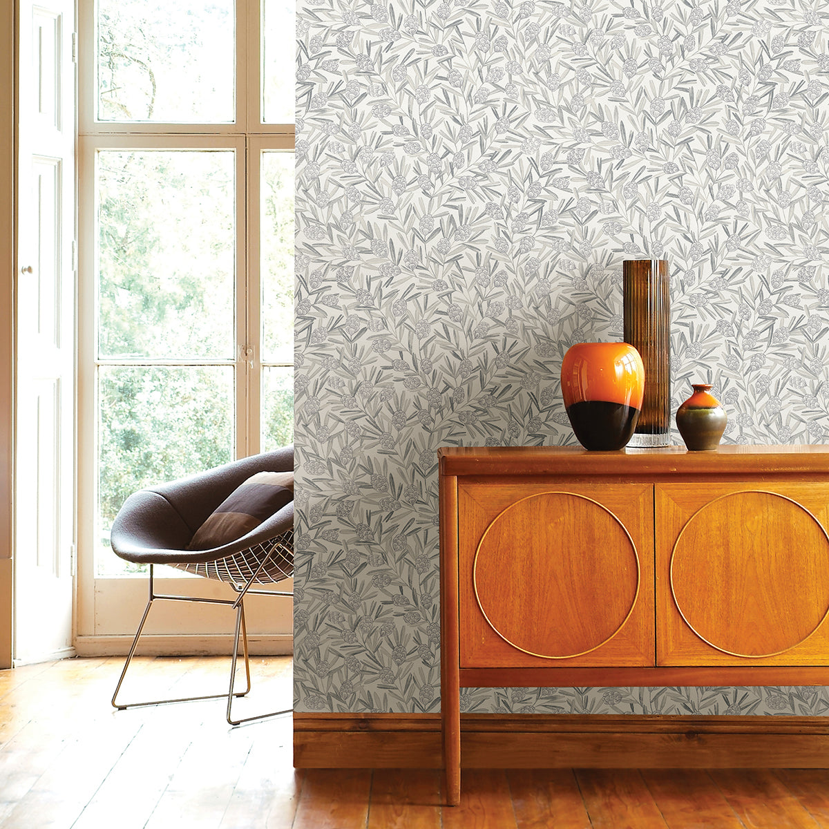 Zulma Grey Decorative Botanical Wallpaper - Brewster Wallcovering