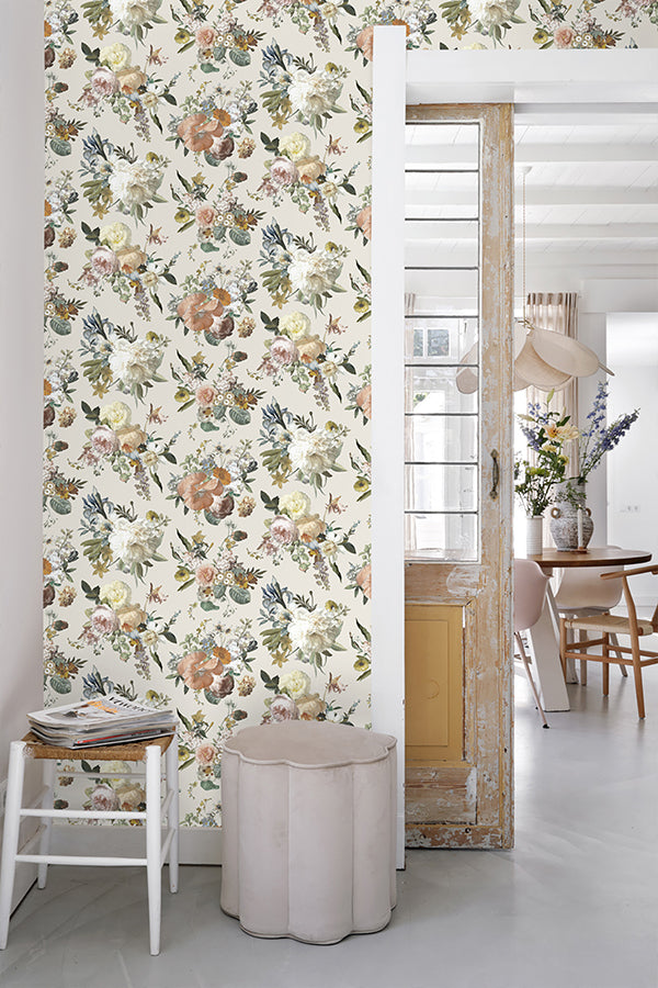 Antonia Cream Vintage Bouquet Wallpaper - Brewster Wallcovering