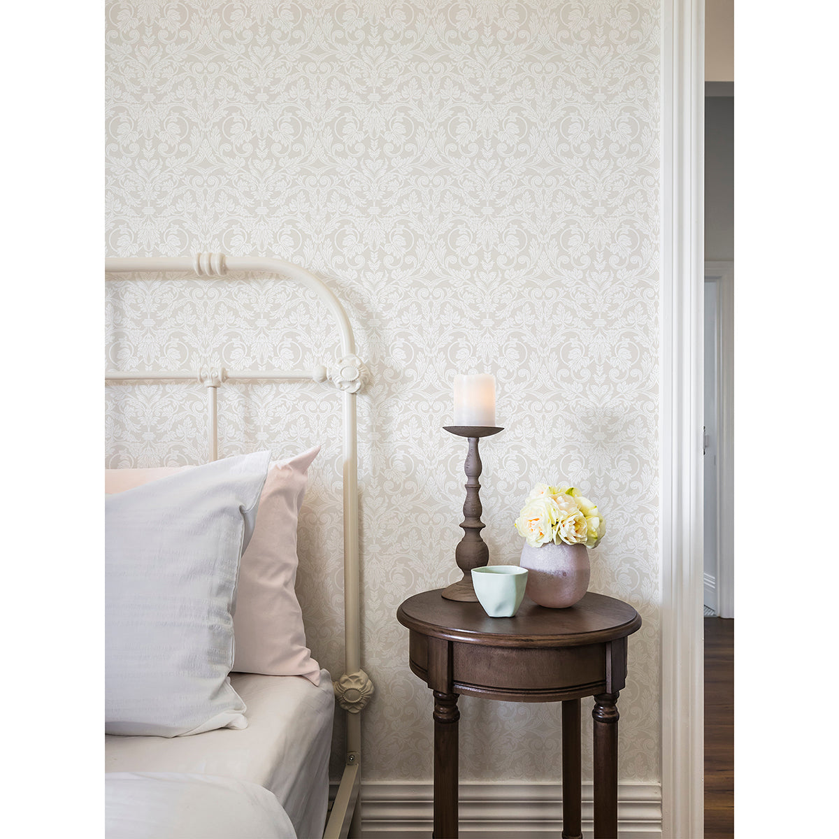 Rosali Cream Scroll Damask Wallpaper - Brewster Wallcovering