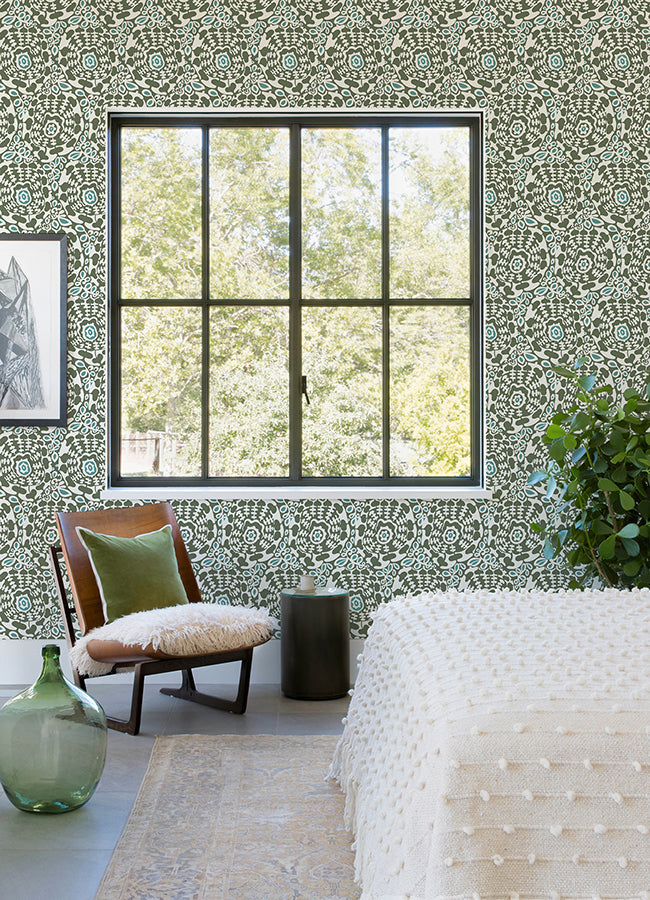 Divine Green Abstract Medallion Wallpaper - Brewster Wallcovering