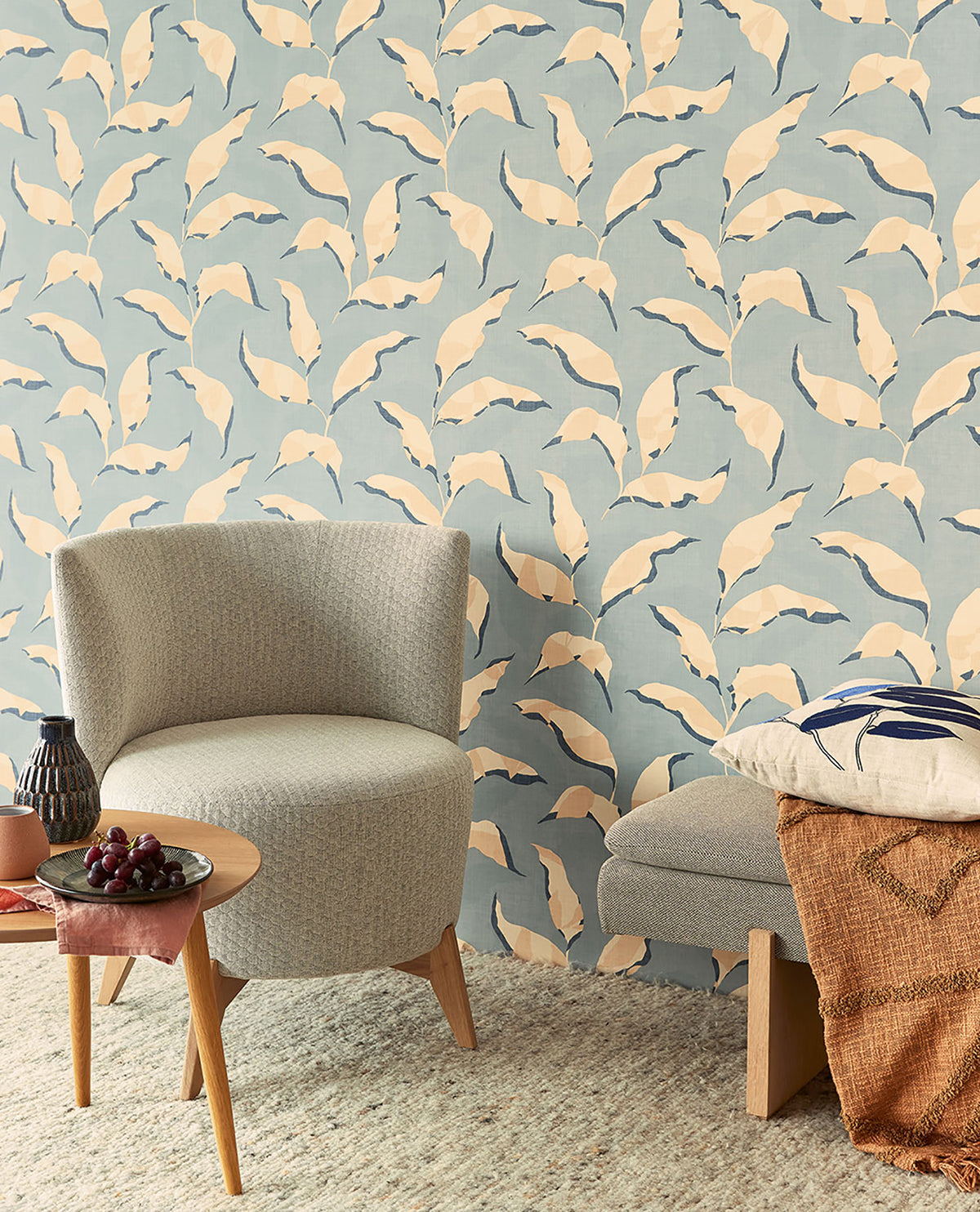 Callista Blue Leaves Wallpaper - Brewster Wallcovering