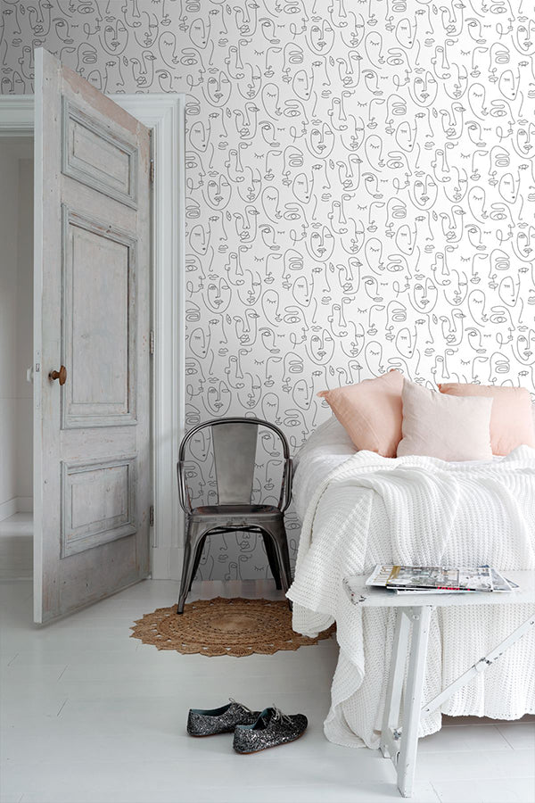 Sharona White Line Art Faces Wallpaper - Brewster Wallcovering