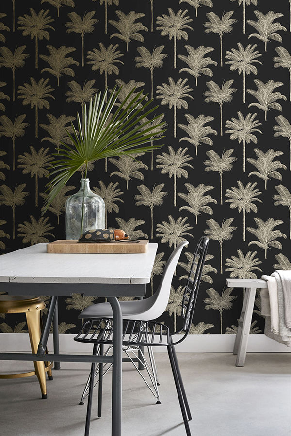 Taj Black Palm Trees Wallpaper - Brewster Wallcovering