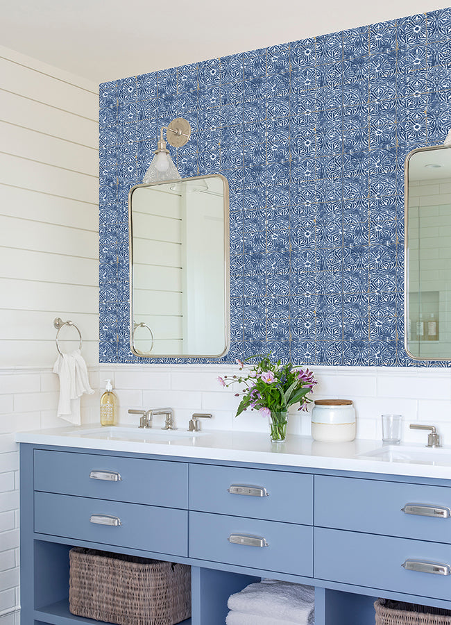 Cobalt Sea Provincial Tile Peel and Stick Wallpaper - Brewster Wallcovering