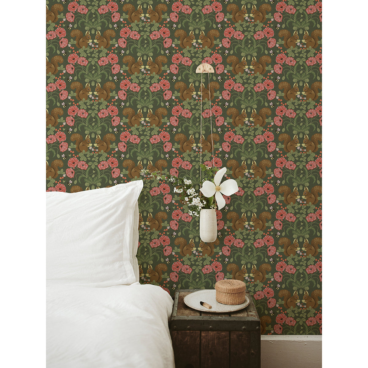 Kurre Dark Green Woodland Damask Wallpaper - Brewster Wallcovering