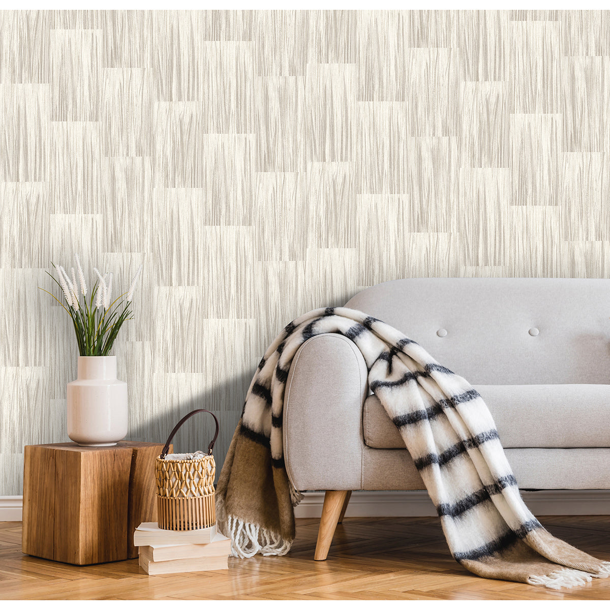 Soren Taupe Striated Plank Wallpaper - Brewster Wallcovering