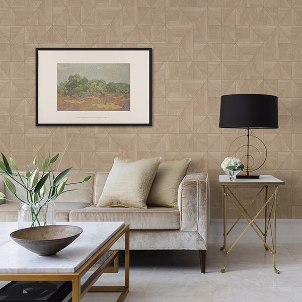 Cheverny Beige Geometric Wood Wallpaper - Brewster Wallcovering