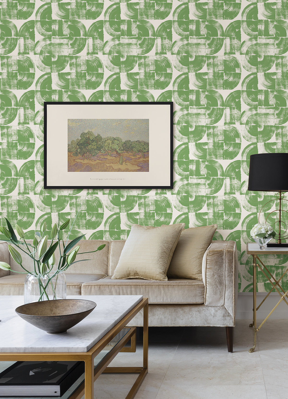 Giulietta Green Painterly Geometric Wallpaper - Brewster Wallcovering