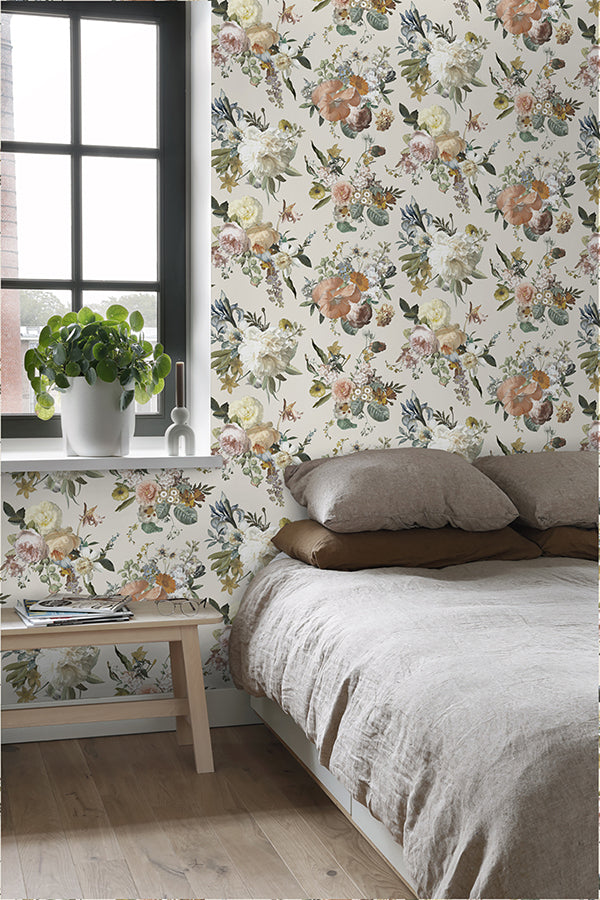 Antonia Cream Vintage Bouquet Wallpaper - Brewster Wallcovering