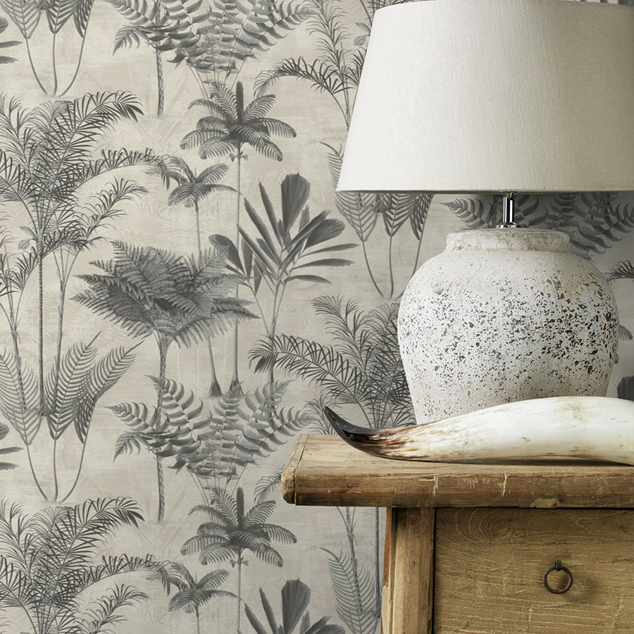 Kinabalu Charcoal Rainforest Wallpaper - Brewster Wallcovering