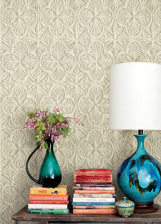 Karachi Cream Wooden Damask Wallpaper - Brewster Wallcovering