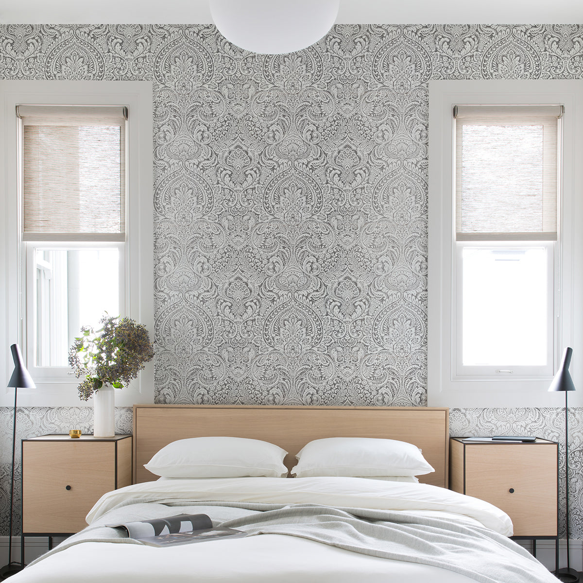 Artemis Platinum Floral Damask Wallpaper - Brewster Wallcovering