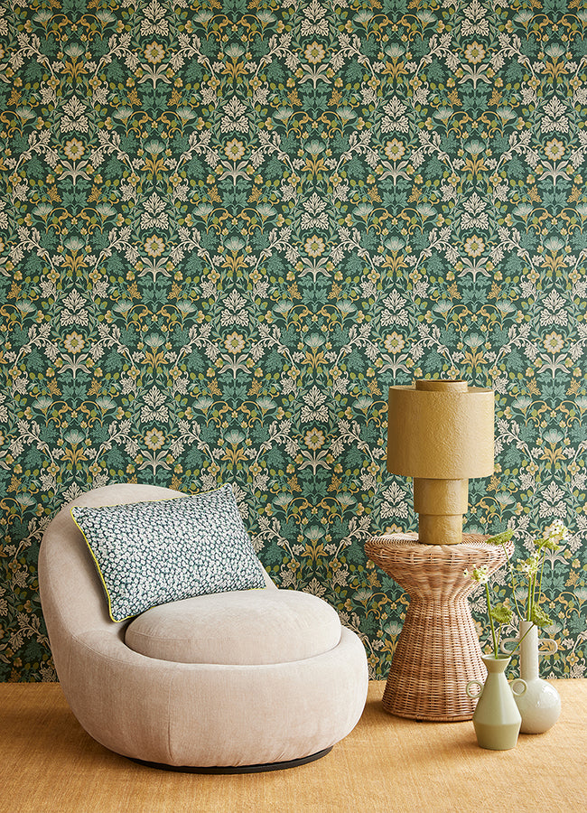 Lila Teal Strawberry Floral Wallpaper - Brewster Wallcovering