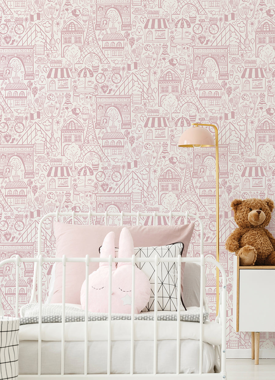 Oui Paris Pink Peel and Stick Wallpaper - Brewster Wallcovering