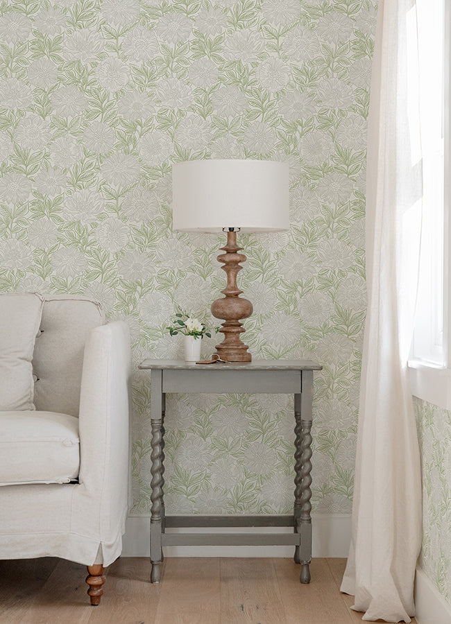 Faustin Green Floral Wallpaper - Brewster Wallcovering