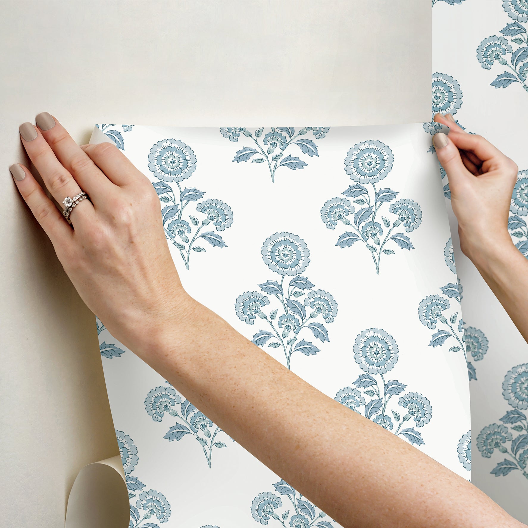 Flourish Block Print Blue on Blue Peel and Stick Wallpaper - Brewster Wallcovering