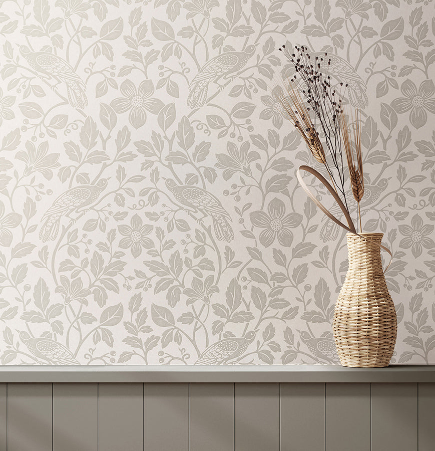 Marlow Bone Bird Vine Wallpaper - Brewster Wallcovering