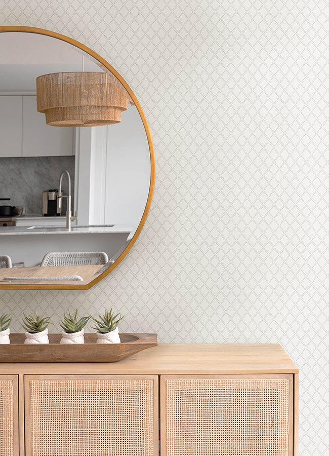 Trevor White Leaf Trellis Wallpaper - Brewster Wallcovering