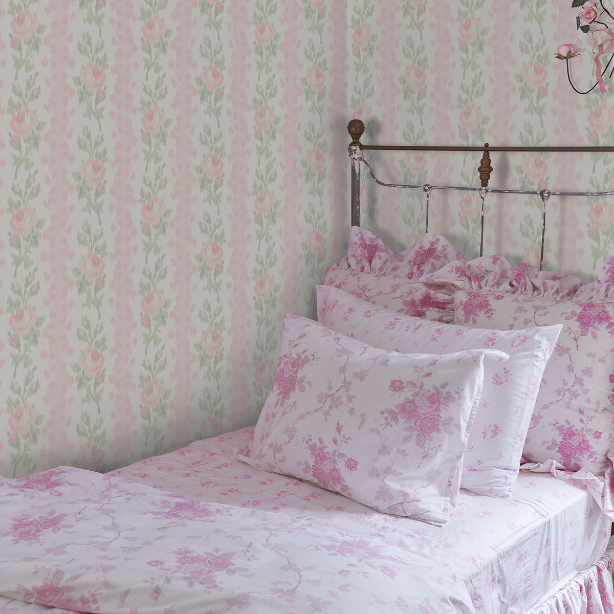 Blooming Heirloom Marie Pink Rose Stripe Wallpaper - Brewster Wallcovering