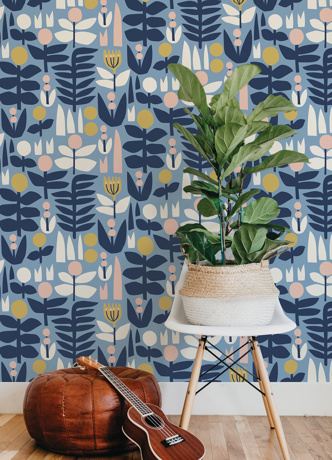 Blue A Bit Of Folk Flower Peel and Stick Wallpaper - Brewster Wallcovering