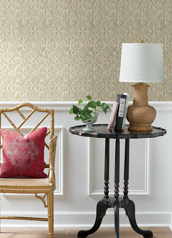 Karachi Cream Wooden Damask Wallpaper - Brewster Wallcovering