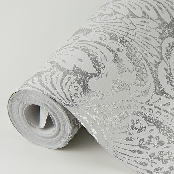 Artemis Platinum Damask Wallpaper - Brewster Wallcovering