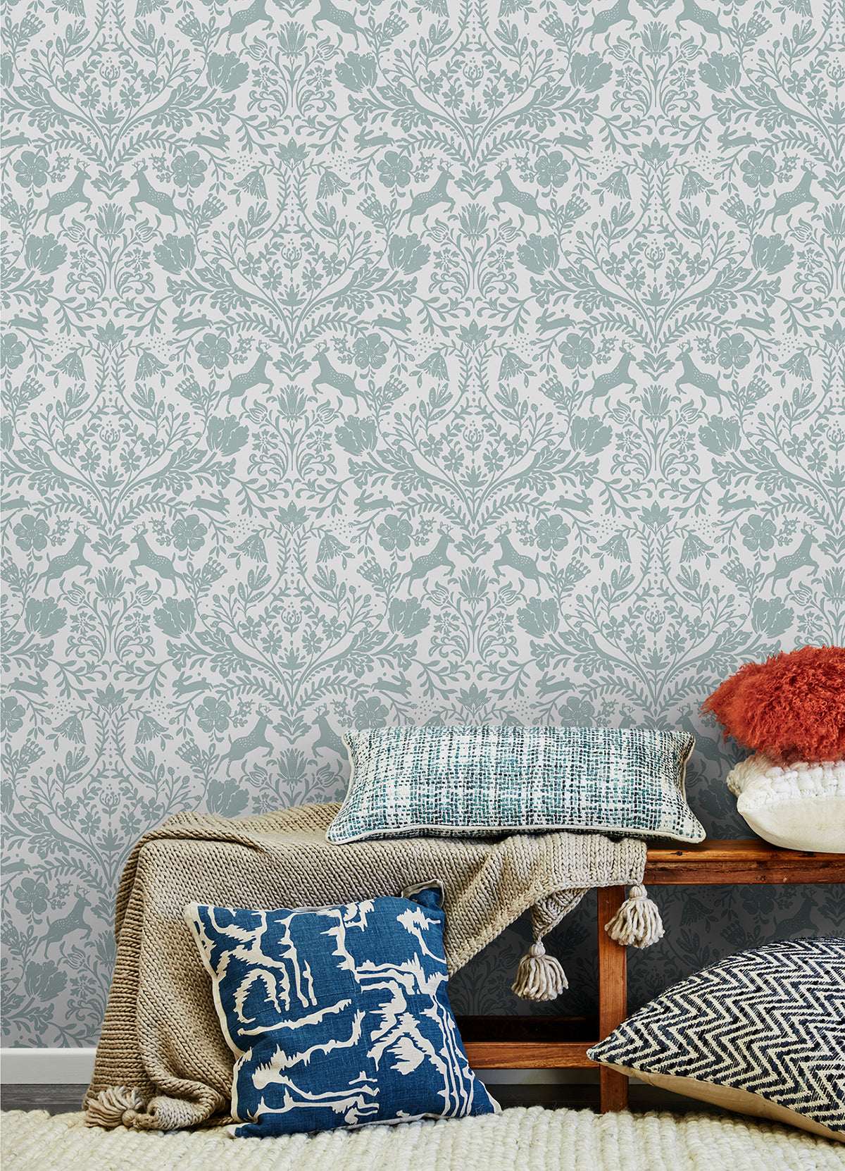 Forest Dance Aqua Damask Wallpaper - Brewster Wallcovering