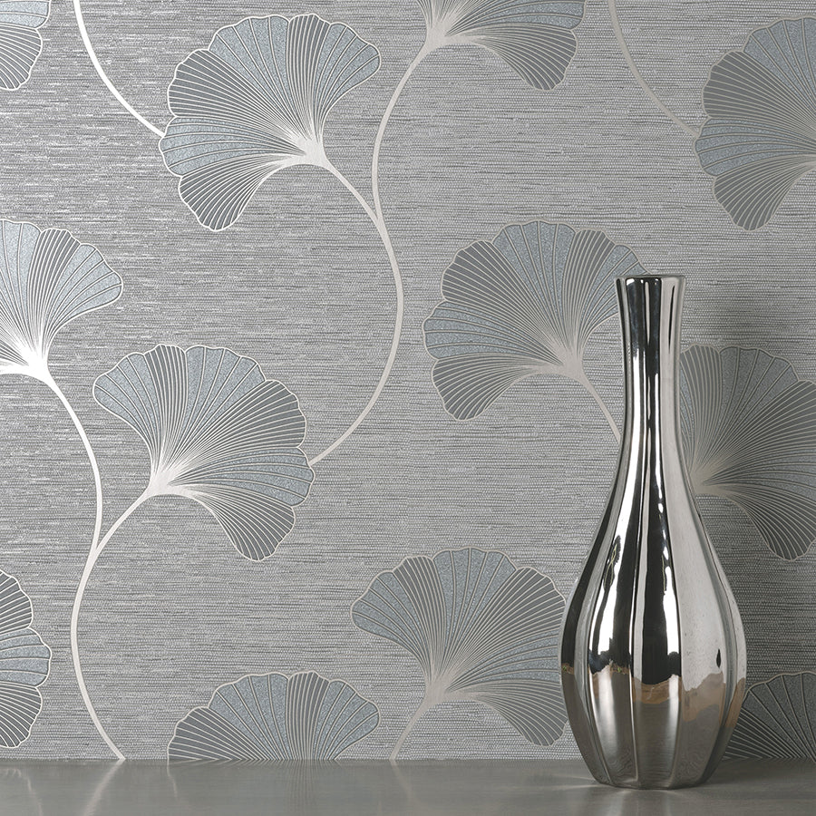 Miya Grey Ginkgo Wallpaper - Brewster Wallcovering