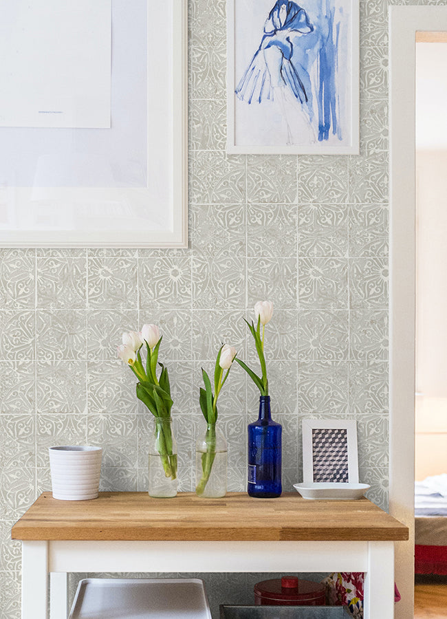 Grey Provincial Tile Peel and Stick Wallpaper - Brewster Wallcovering